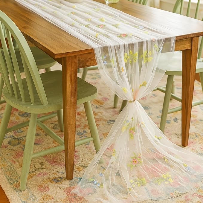 Lounsweer White Wildflower Table Runner 10ft Embroidery Tulle Spring Floral Table Runner Seasonal Summer Butterfly Kitchen Dining Gauze Decoration for Wedding Baby Shower Birthday Party