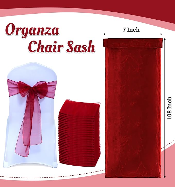 MDS® Pack of 75 Organza Chair Sashes for Wedding Decoration, Reusable Sheer Chair Bows for Banquet Chair Cover, Reception, Bridal Shower, Baby Shower, Birthday Party & Special Events - Maroon
