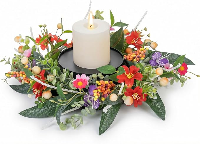MOYEE Summer Centerpieces for Tables Candle Ring, Black Metal Candlestick with an Artificial Wreaths 14 in Versatile Dining Table Centerpiece Decor (Red Flower Green Leaf Wreath)