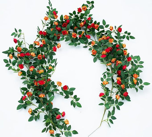 2PCS x 6FT Bendable Rose Vine Hanging Flower Garland Wildflower Floral Garland for Wall Decor Trellis Fence Home Room Decoration (Orange, 2pcs)