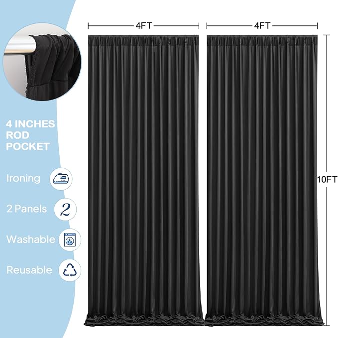 2 Panles Black Backdrop Curtains - Wrinkle Free Fabric Backdrop Curtain for Photoshoot,10ft Wedding Party Photo Backdrop Drapes for Birthday Baby Shower Photography Stage Background Decorations