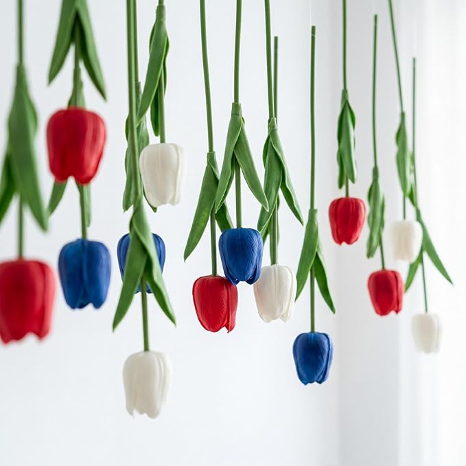 12 Pack Red White Blue 5 ft Artificial Hanging Tulips Garland, 4th of July Dangling Faux Tulip Wall Ceiling Patriotic Hanging Flower for Independence Day 250th Anniversary Home Party Decor