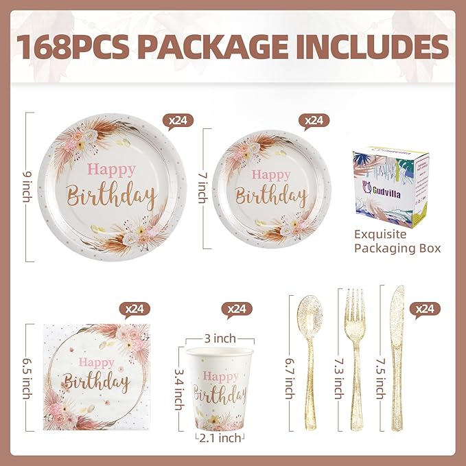 Boho Birthday Decorations for Women, Neutral Birthday Plates and Napkins Party Supplies 168Pcs, Happy Birthday Plates and Napkins Set for Boho Floral Champagne Cream Beige Party, Serve 24