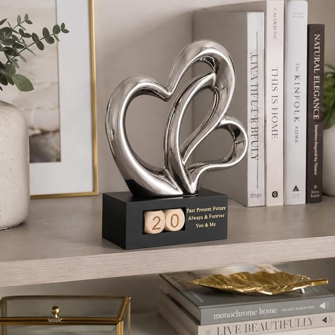 Ceramic Heart Sculpture with Date Blocks, Silver Hearts Statue for Home Decor, Romantic Valentines Day & Wedding for Couple, Shelf Mantel Tabletop Display (Silver)