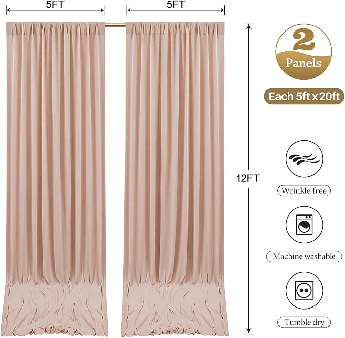 10ftx12ft Wrinkle Free Nude Backdrop Curtain, 2 Panels 12FT Long Wedding Photo Backdrop Drapes, Silky Polyester Back Drop Cloth for Birthday Photography Background Party Backdrop Draping