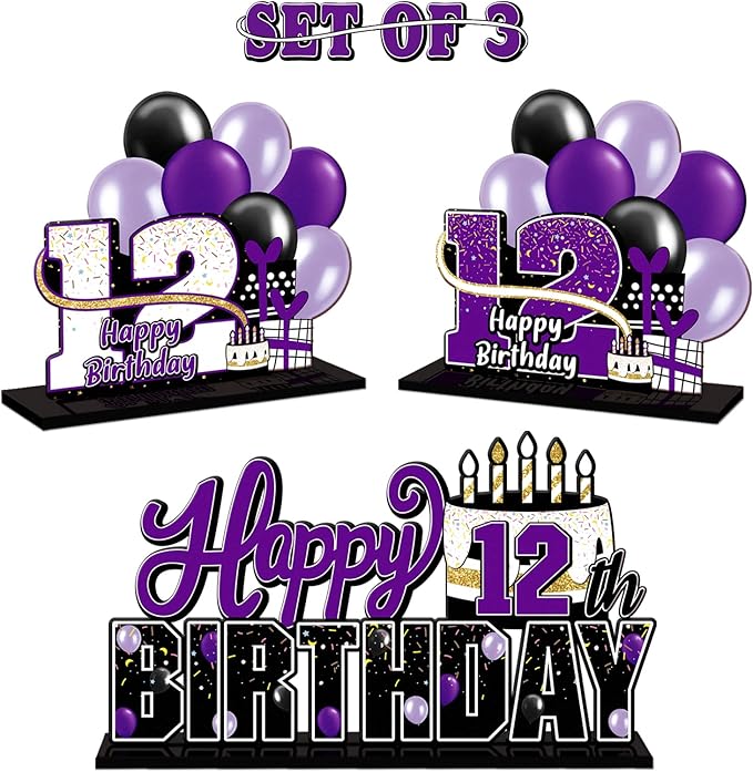 LINGTEER Happy 12th Birthday Purple Acrylic Table Topper Centerpieces Set - Cheers to Twelve Years Old Birthday 12th Bday Party Gift Decorations.