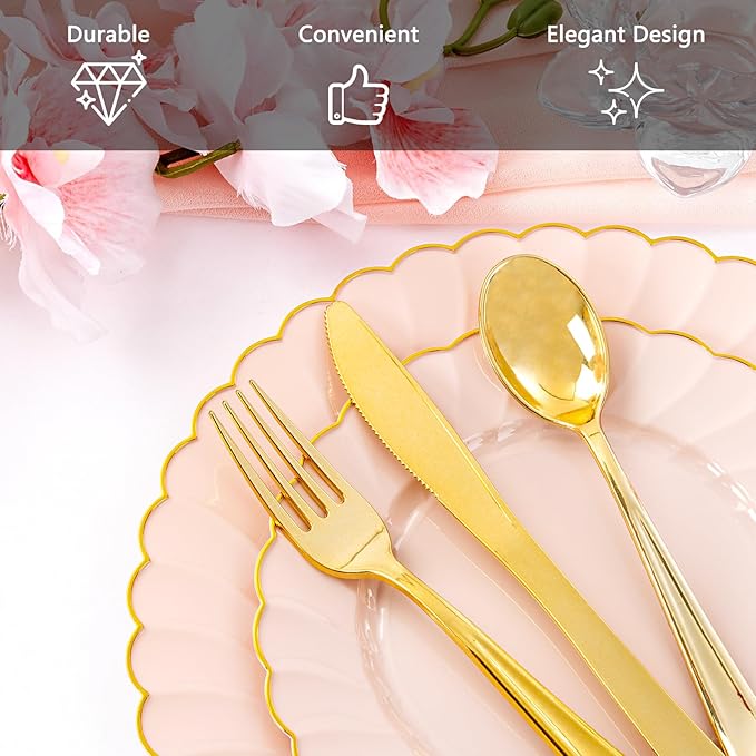 YOUBET 350PCS Pink Scalloped Plastic Plates - Pink and Gold Disposable Dinnerware Set Include 100 Plates, 150 Gold Silverware, 50 Cups, 50 Napkins for Wedding & Party Mothers Day