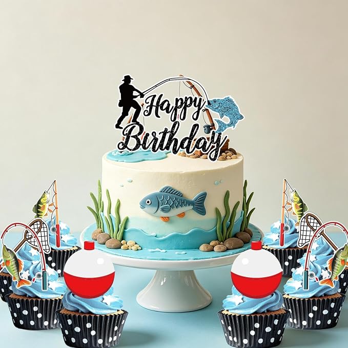 Fishing Birthday Party Decorations Kit with Plates, Napkins, Cups, Cutlery, Honeycomb Balls, Banner, Hanging Swirls, Tablecloths, Toppers, Balloons for Ofishally One Birthday Decorations, Serves 24