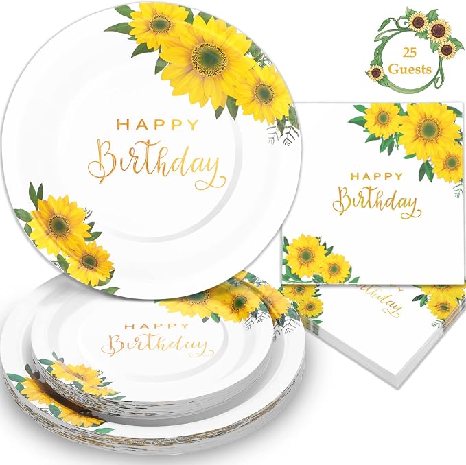 Sunflower Birthday Decorations for Women, Happy Birthday Plates and Napkins for Women Girl, Sunflower Party Decorations Serves 25, Thanksgiving Fall Party Decorations