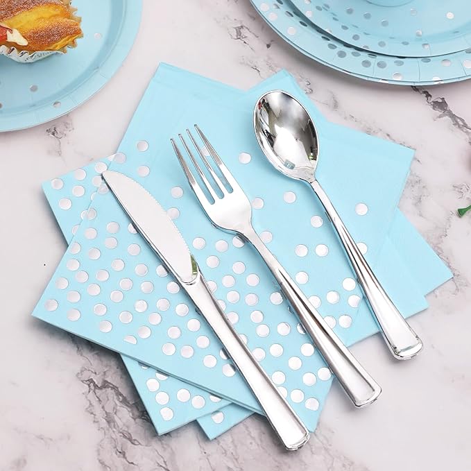 175 Pcs Light Blue Plates and Napkins Party Supplies - Baby Blue Paper Plates Serve 25 Guests - Light Blue and Silver Disposable Plates Sets for Birthday Wedding Baby Shower Holiday Party Decorations