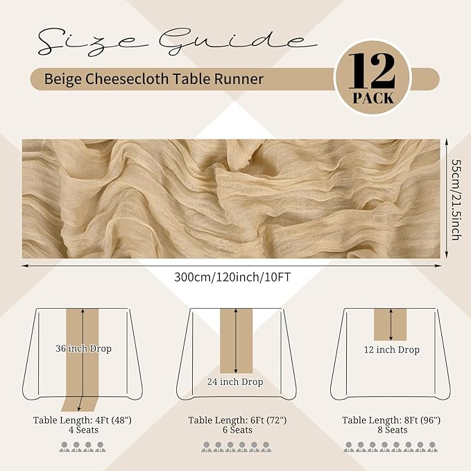 12 Pack Beige Cheesecloth Table Runner 120 inch Fall Thanksgiving Boho Rustic Gauze Farmhouse 10FT Cheese Cloth Runner for Baby Shower Wedding Party Holiday Home Decor