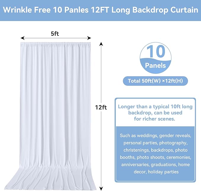 50FTx12FT White Wrinkle-Free Wedding Backdrop Curtain -Silky Washable White Polyester Drapes for Baby Showers, Birthday Parties, Photography, and Wedding Receptions-10 Panels 5FTx12FT