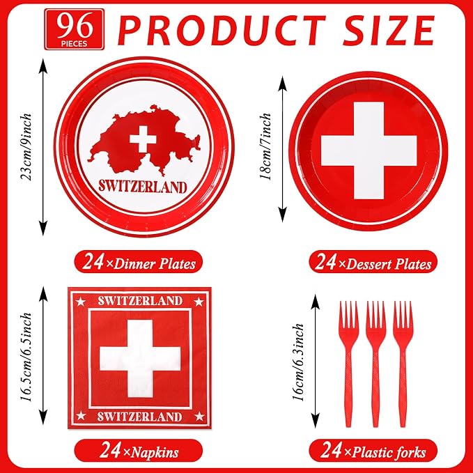 96pcs Switzerland Party Supplies Tableware Set Swiss Flag Party Paper Plates and Napkins Swiss National Day Decoration Suitable for Cultural Festivals Global Travel Parties, Serve 24