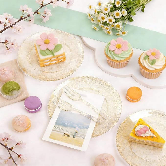 Festiva 200Pcs Gold Glitter Dessert Plates 6.3" with Forks 5"-Small Plastic Dessert/Cake/Appetizer Plates Disposable for 100 Guests Easter Party &Wedding& Birthday&Mother's Day