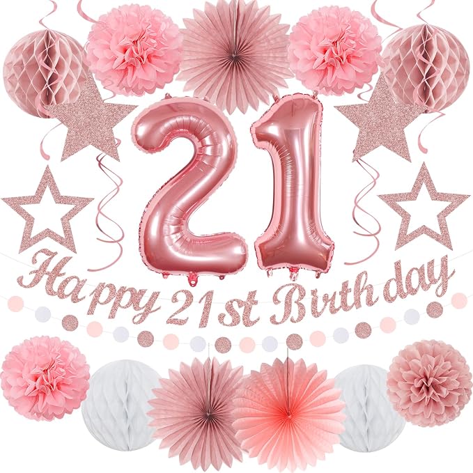 Rose Gold Light Pink White 21st Happy Birthday Party Decorations Hugmoon | 21pcs Kit 30th Balloon,Cute Girl Banner,Streamers,Tissue Paper Pom Poms Flowers Fans,Birthday Garlands Decor Backdrop