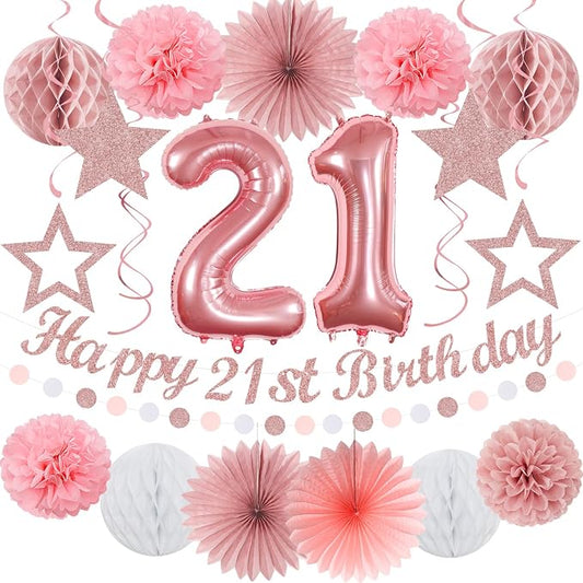 Rose Gold Light Pink White 21st Happy Birthday Party Decorations Hugmoon | 21pcs Kit 30th Balloon,Cute Girl Banner,Streamers,Tissue Paper Pom Poms Flowers Fans,Birthday Garlands Decor Backdrop