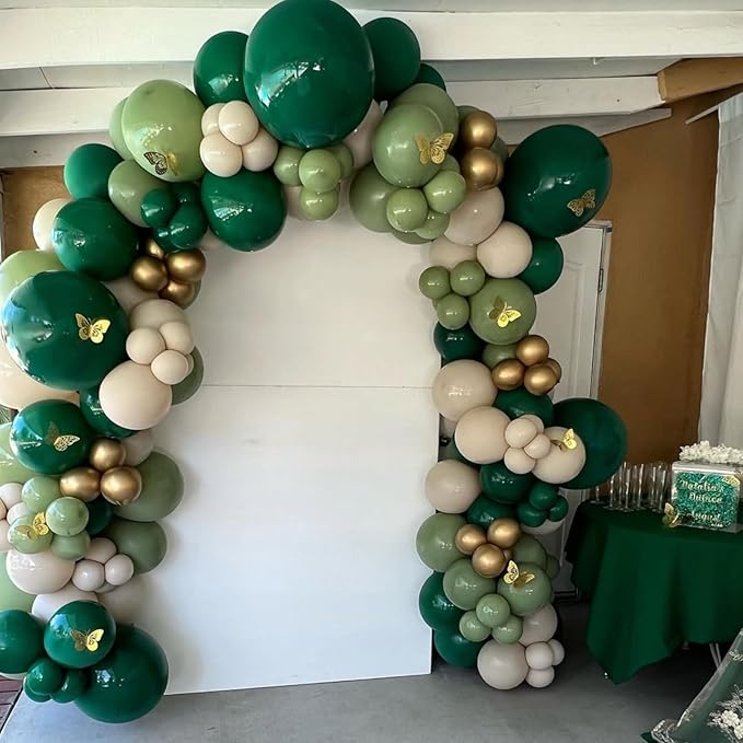Double Stuffed Emerald Green Gold Balloon Arch Kit, Dark Dusty Green Pearl White Sand Balloon Garland Kit Metallic Gold Balloons for Baby Shower Bridal Shower Wedding Forest Birthday Party Decoration