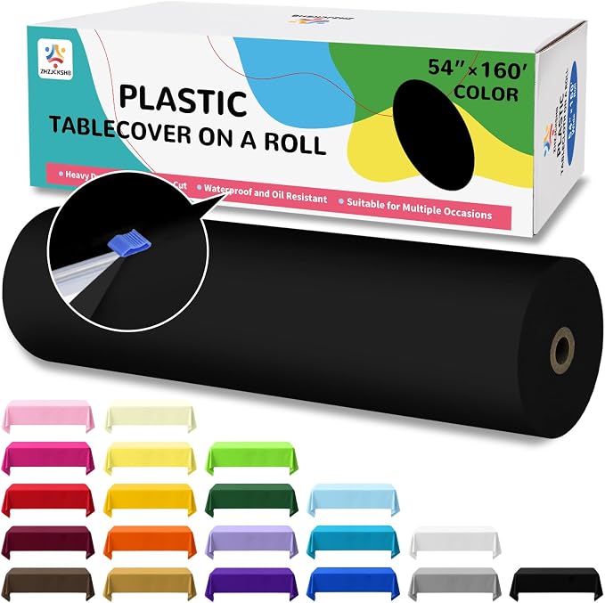 54IN X 160FT Plastic Table Cover Roll with Cutter Box, Cut to Size Plastic Table Cloths for Parties, Birthday, Disposable Tablecloth Roll for All Shape Tables (Black, 54 Inch X 160 Feet)