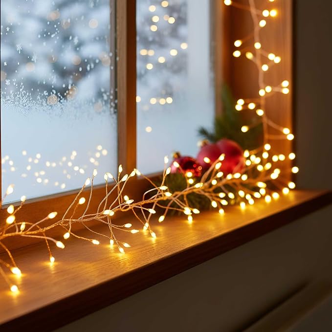 QBIS 240 LED Christmas Cluster Lights, 10ft Warm White Fairy Lights on Copper Wire, Plug in, Christmas Tree Lighting, Firecracker Light String Indoor Outdoor use, Window, Fireplace, Stair Decoration