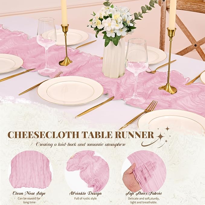 12 Pack Light Pink Cheesecloth Table Runner, Long Romantic Semi Sheer Rustic Boho Gauze Table Runners for Wedding Bridal Shower Birthday Party Decorations(17.7×108 Inch)