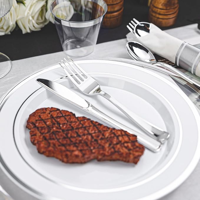 N9R 350PCS Silver Plastic Dinnerware Set for 50 Guests, Gold Disposable Plates for Party, Include:100 Plastic Plates, 50 Pre Rolled Napkins with Silverware and 50 Cups
