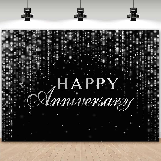 Happy Anniversary Backdrop Black Silver Anniversary Banner Cheers to Marriage Wedding Party Decorations Glitter Flowing Drapes Photography Background Photo Booth Props 7x5ft