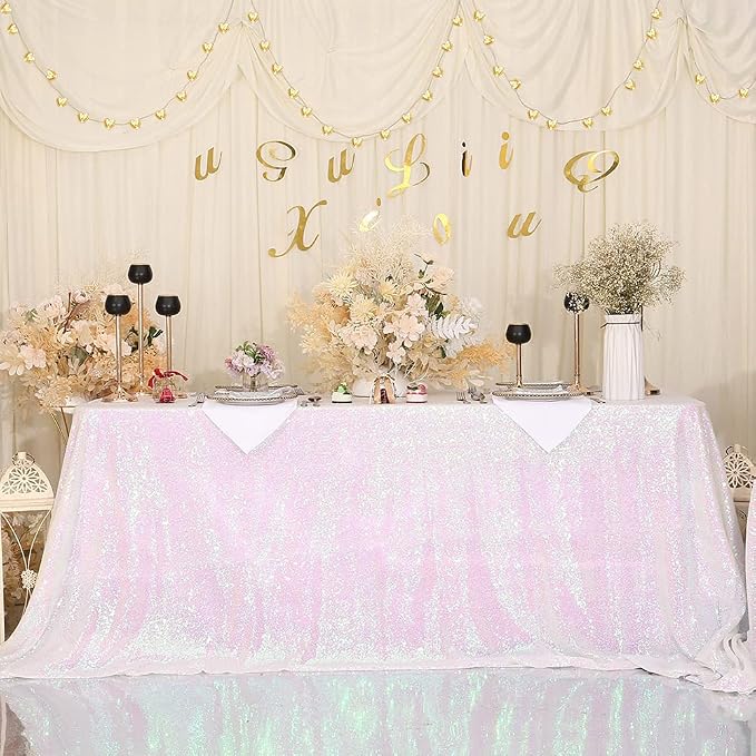Eternal Beauty White Iridescent Tablecloth, 50x80 Inch Sequin Rectangle Table Cover for Cake Dessert Exhibition Party Birthday Events