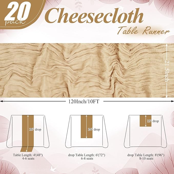 20 Pack Beige Cheesecloth Table Runner 10FT Long Boho Gauze Fabric Table Runner Vintage Rustic Sheer Runners for Wedding Party Bridal Baby Shower Table Decorations