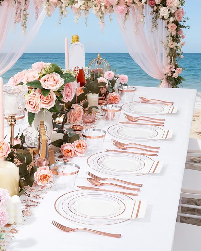 GATHER 700PCS Rose Gold Plastic Plates - Clear Rose Gold Rim Disposable Dinnerware Set Includes 200 Plates, 300 Silverware, 100 Napkins, 100 Cups for Party & Wedding & Mother's Day