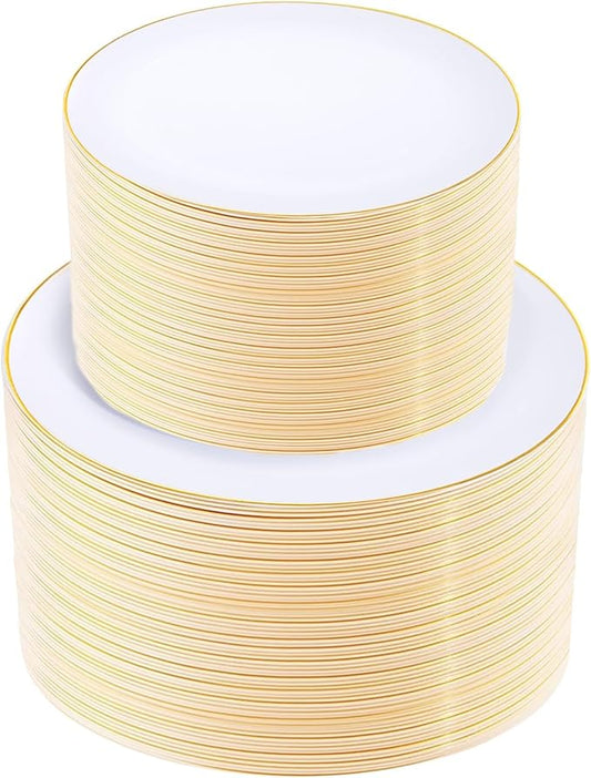 KIRE 200PCS Gold Plastic Plates - Disposable Plates for Party - White Plastic Plates with Gold Rim Include 100 for Dinner and 100 for Dessert/Salad in Wedding/Party/Spring/Graduation/Mother's Day