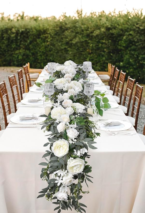 DearHouse 2Pack Artificial Peony Flower Garland - 6ft/Strand Silk Peony Flower Greenery Garland with Fake Willow Leaves for Wedding Ceremony Backdrop Party Table Centerpieces Decor (White)