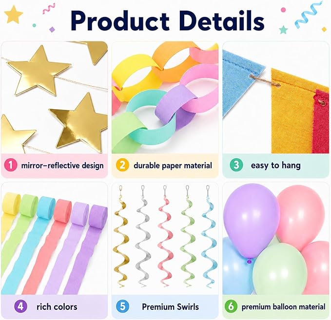 345pcs Pastel Birthday Decoration Fancy Paper Chains Crepe Paper Streamers Pennant Banner Flags Gold Star Garlands Hanging Swirls Pastel Balloons for Wedding Graduation Birthday Baby Shower Decors