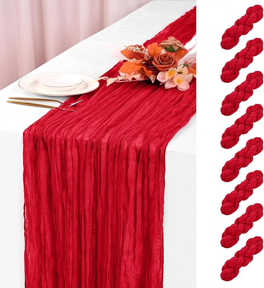 8 Pack Red Cheesecloth Table Runner 120 Inch 10FT Spring Boho Rustic Sheer Gauze Cheese Cloth Table Runner for Wedding Baby Shower Birthday Party Table Decor