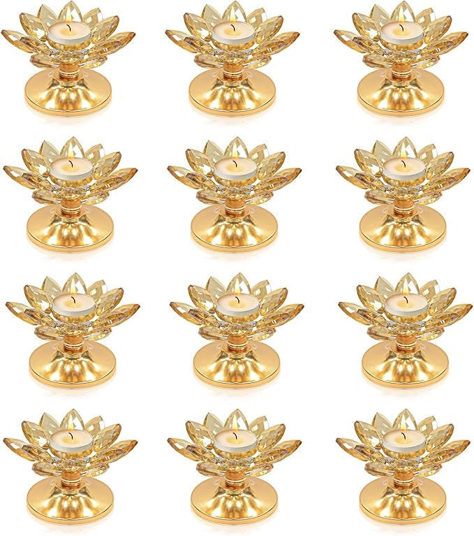 12 PCS Gold Crystal Flower Tea Light Holder Bulk, Glass Tealight Candlestick with Metal Base, Votive Candle for Table Centerpiece, Wedding/Parties Decor, Nice Gift