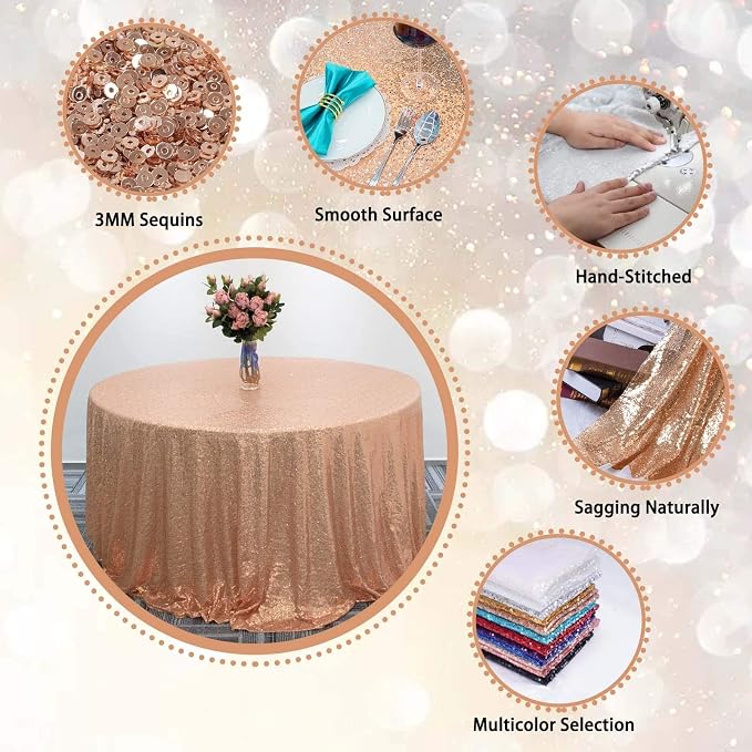 Sequin Tablecloth for Parties 132 Inch - Sparkle Glitter Cloth Round Table Cover Overlay for Wedding Baby Shower Ceremony Birthday Cake Table Holiday Banquet Decoration(Rose Gold)