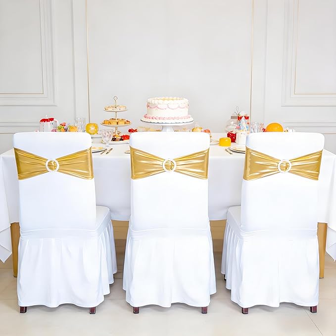 SquarePie 50 PCS Metallic Gold Spandex Chair Sashes - Shiny Stretch Bows with Buckle Slider - No-Tie Universal Elastic Chair Bands for Wedding Reception Party Banquet Event
