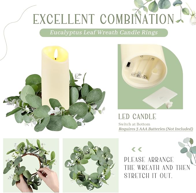 VIHOSE 10 Set Candle Rings Artificial Eucalyptus Leaves Wreaths with Flameless Candles Sets Boho Wreath Pillar Candleholders LED Pillar Battery Table Centerpieces for Wedding Party Table Door Decor