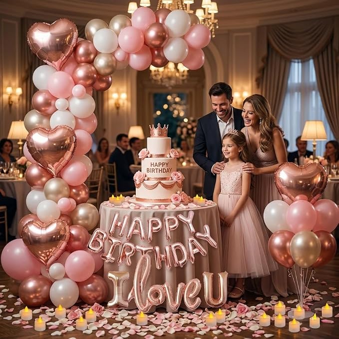 Birthday Room Decorations for Women, Happy Birthday Hotel Room Decorations for Her with Rose Gold Balloons, LOVE Balloon, LED Candle Lights, Rose Petals, Girlfriend Pink Birthday Decorations Set