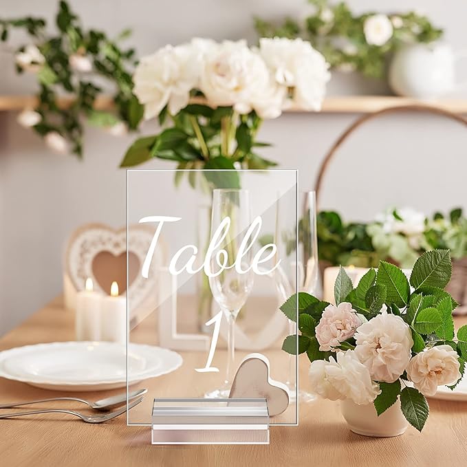 Tuanse 40 Pack White 4 x 6 Inch Acrylic Wedding Table Number 1-40 Clear Wedding Table Stand with Numbers Calligraphy Holders Signs for Reception Centerpieces Decorations