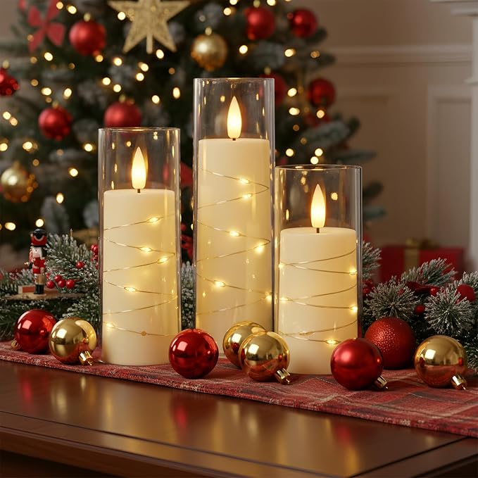 Raycare Flameless Candle with Remote Timer 7 Flickering Acrylic Battery Operated LED Pillar Candles with Embedded Star String for Christmas, Wedding, Home Table Decor, and as a Gift (Ivory White)