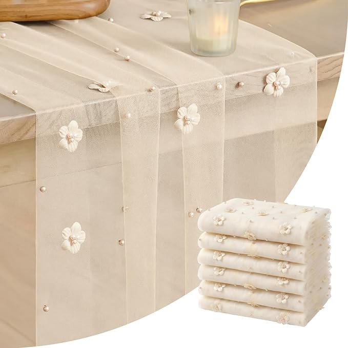 Artoid Mode Flower Pearl Champagne Gauze Table Runner 10FT 6PC, Seasonal Sheer Dining Holiday Wedding Birthday Baby Shower Table Decor for Home Party