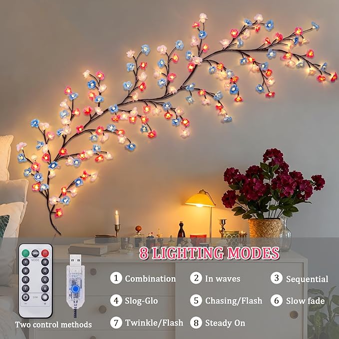 7.55 FT 144 LED Cherry Blossom Tree Branch Lights for Wall,8 Modes Artificial Pink Cherry Blossom Garland with Remote and Timer,Willow Vine Lights (144 LED Three-Color Cherry Blossom)