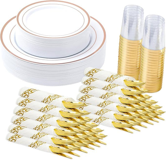 Fijinhom 175 Pcs Rose Gold Disposable Plates for 25 Guests, Disposable Plastic Plates, Dinnerware Set Include 25 Dinner Plates, 25 Salad Plates,25 Cups, 25 Paper Napkins for Party, Wedding