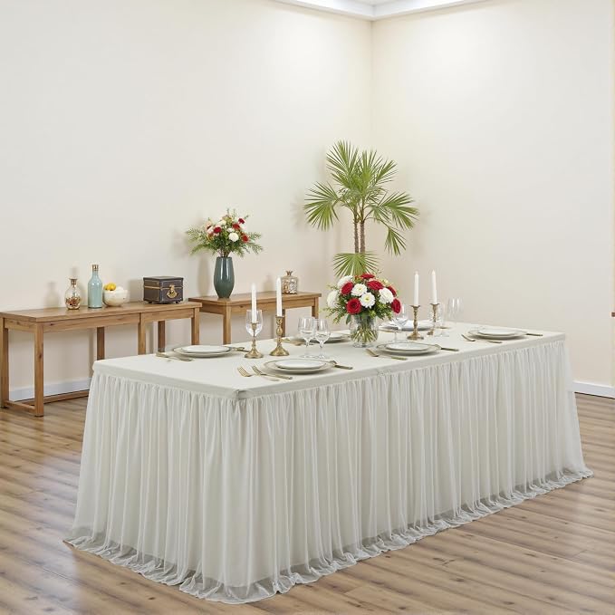 2-Pack Ivory Tulle Tablecloth for 8 Ft Rectangle Tables – Elastic Spandex Table Cover with Tutu Skirt, Wrinkle Free for Wedding, Birthday Party, Banquet Buffet, Craft fairs