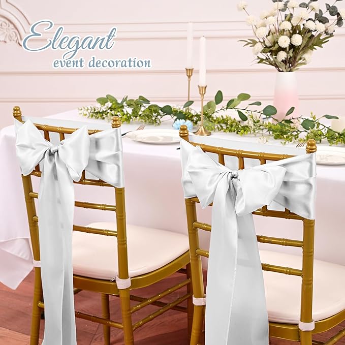 60 PCS Silver Satin Chair Sashes, Ties Bows Designed Sashes for Washable Reusable Chair Covers Supplies for Wedding Reception Events Banquets Party Hotel Event Aisle Decorations (7 x 108 inch)