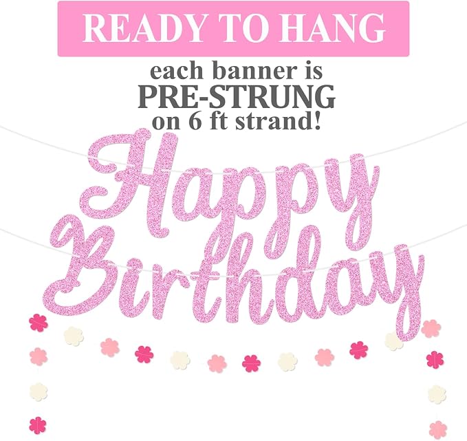 Butterfly Birthday Decorations Party Supplies with Pre-strung Happy Birthday Banner,Flower Garland,Cake Cupcake Toppers,Hanging Swirls, Paper Fan Spring-themed Decor Pack for Women Girls (Pink)