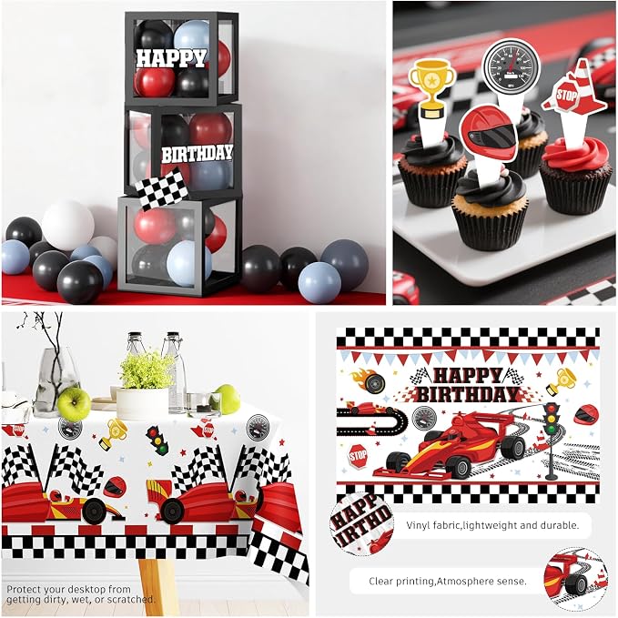 Race Car Birthday Party Decorations for Boys, 293PCS All-in-One Car Themed Birthday Party Decorations Set for 25 Guests, with Balloon Arch, Banner, Plates, Tablecloths and Cupcake Toppers