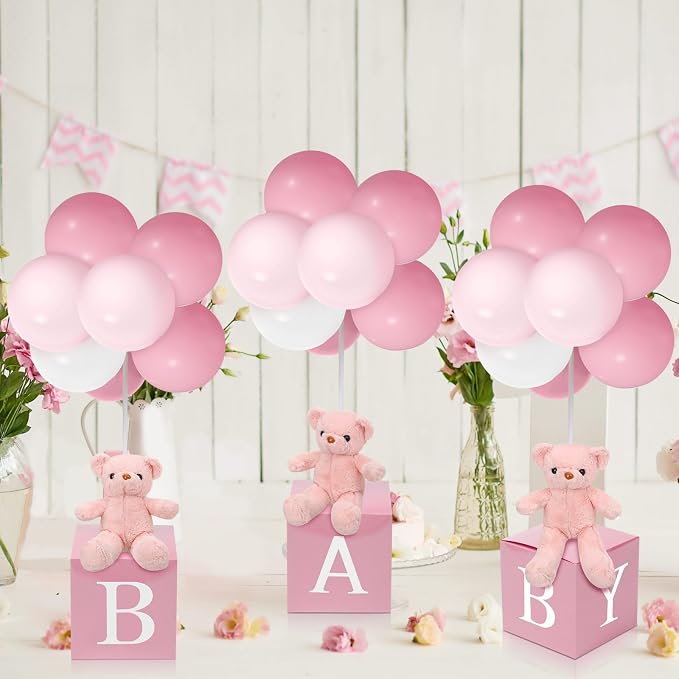 Lenwen 3 Sets Jungle Animal Decoration for Baby Shower Letter Boxes Baby Shower Table Centerpiece Stuffed Animals Balloon with Stand Plush Boxes for Party(Pink,Bear)