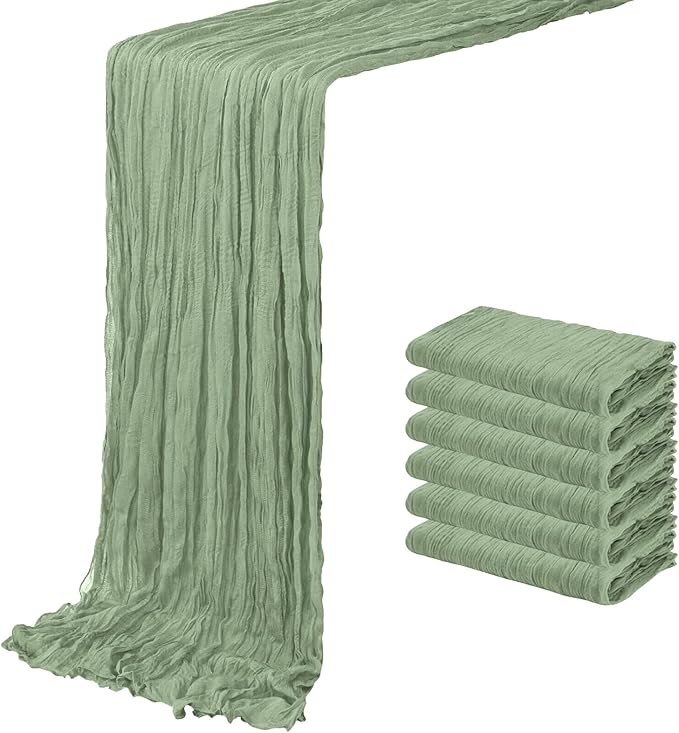 6 Pack Sage Green Cheesecloth Table Runner 20 x 120 inch Gauze Table Runners 10 FT Long,Semi Sheer Boho Cheese Cloth Fabric Table Runner Bulk for Wedding,Party,Baby Shower,Bridal Shower Decoration