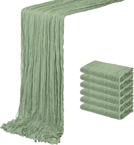 6 Pack Sage Green Cheesecloth Table Runner 20 x 120 inch Gauze Table Runners 10 FT Long,Semi Sheer Boho Cheese Cloth Fabric Table Runner Bulk for Wedding,Party,Baby Shower,Bridal Shower Decoration